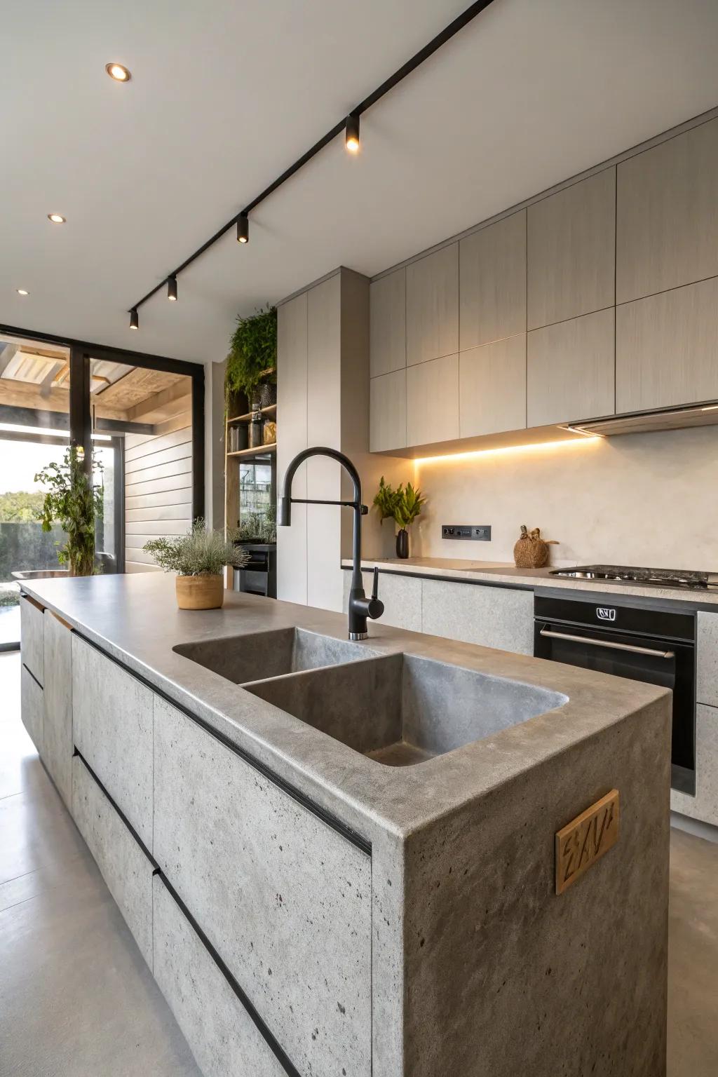 Concrete sink incorporated into a contemporary kitchen worktop.