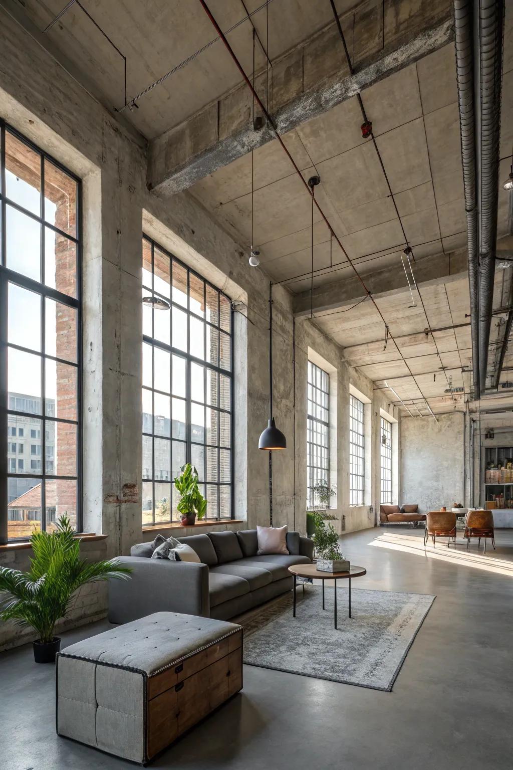 A raw loft look with concrete walls evokes a bold aesthetic.