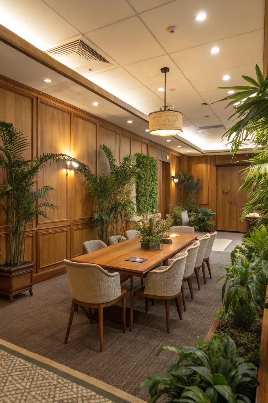Natural aspects foster a serene setting within a conference room.