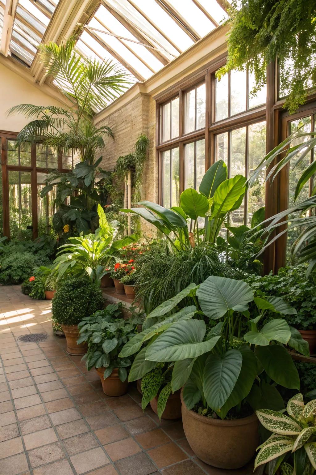 An abundant indoor garden oasis nestled inside a sunroom, showcasing a range of plants.
