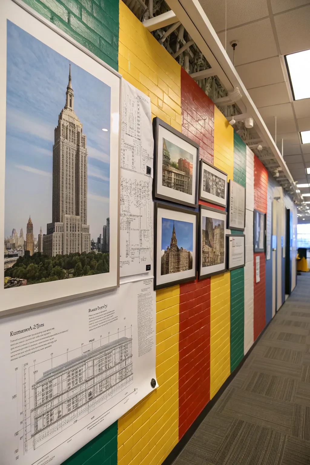 A workplace wall exhibiting construction-themed artwork and blueprints.