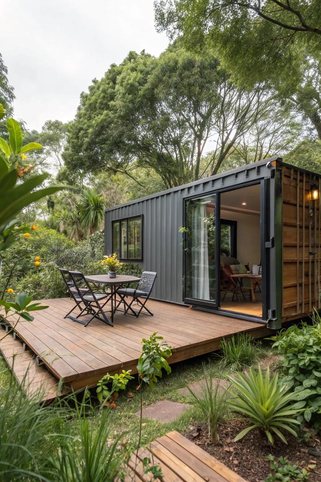 An intimate veranda augmenting the living area of this container dwelling.