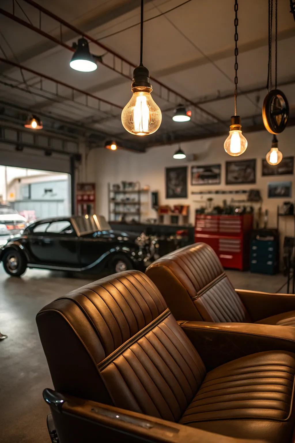 An opulent relaxation space inside the garage provides comfort and flair.