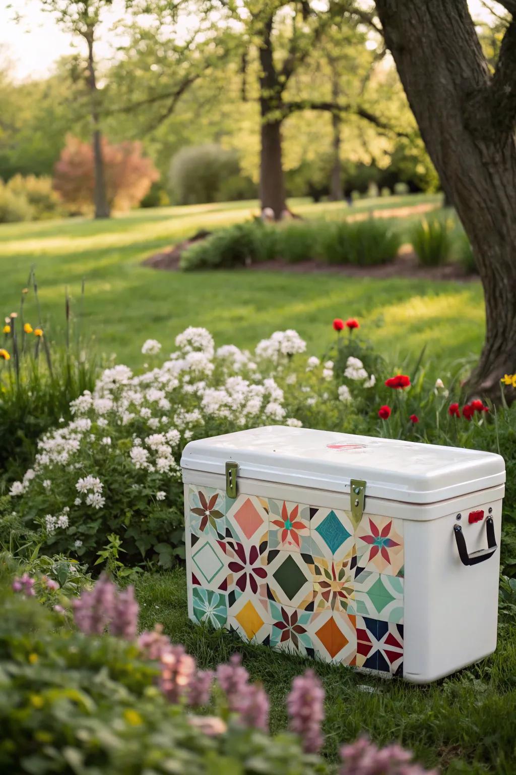A cooler enhanced with playful geometric designs.