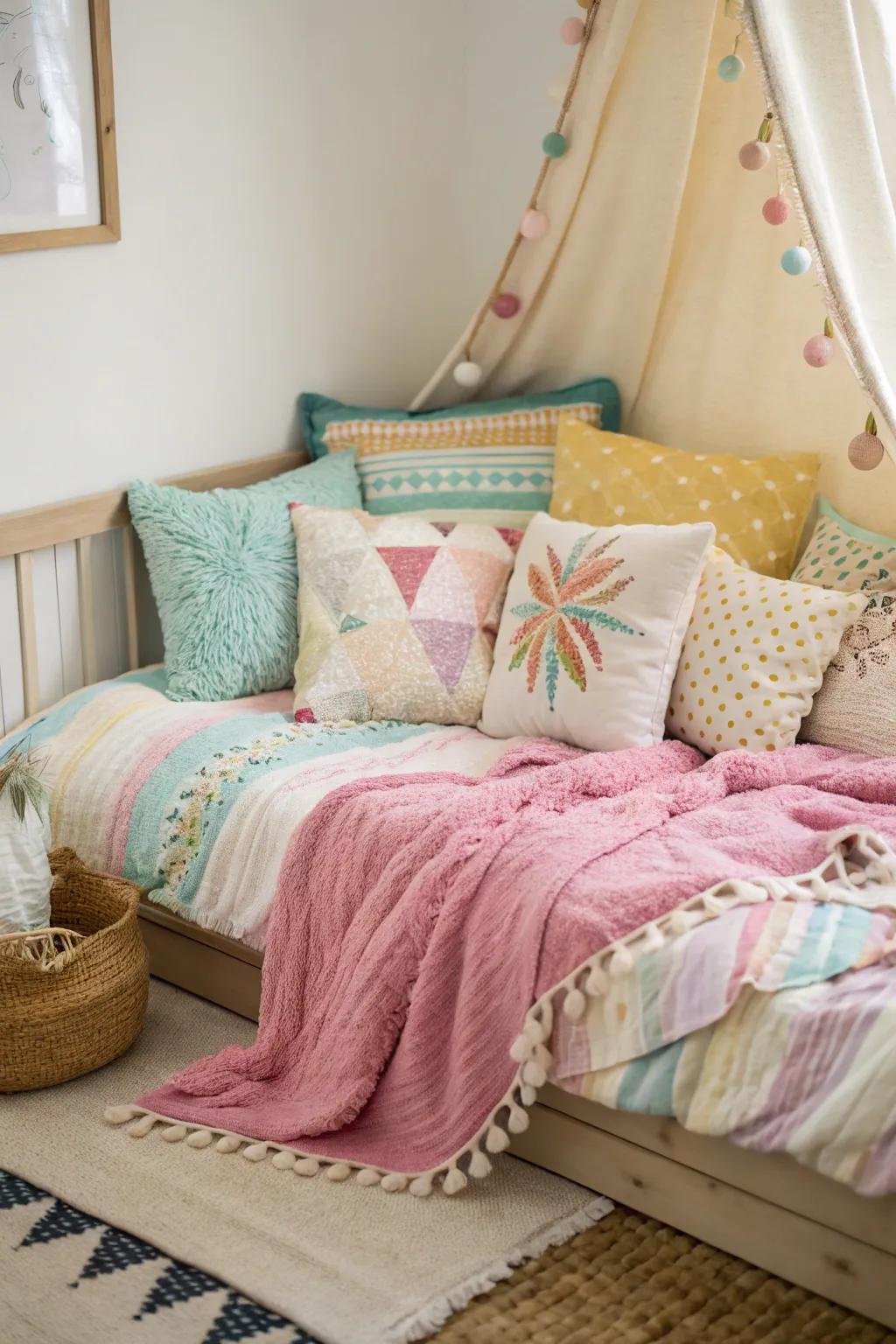 Convert your corner bed into a snug refuge using throws and cushions.