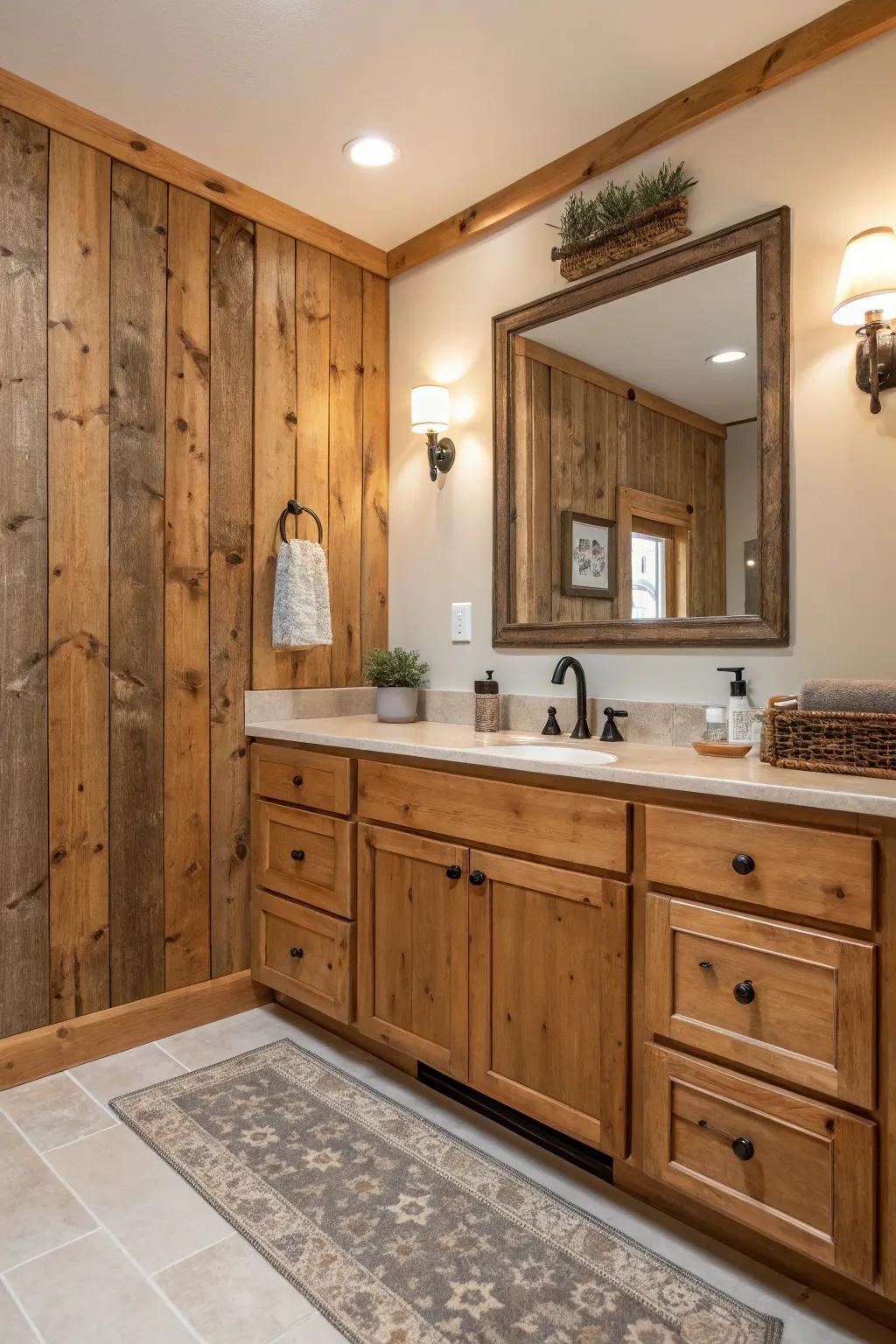 Organic wood features within a welcoming bathroom ambiance