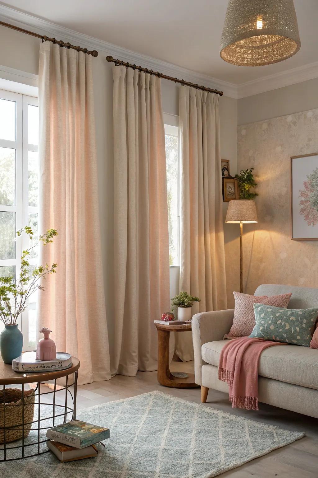Soft hues in country-style window coverings provide a calming and peaceful ambiance.