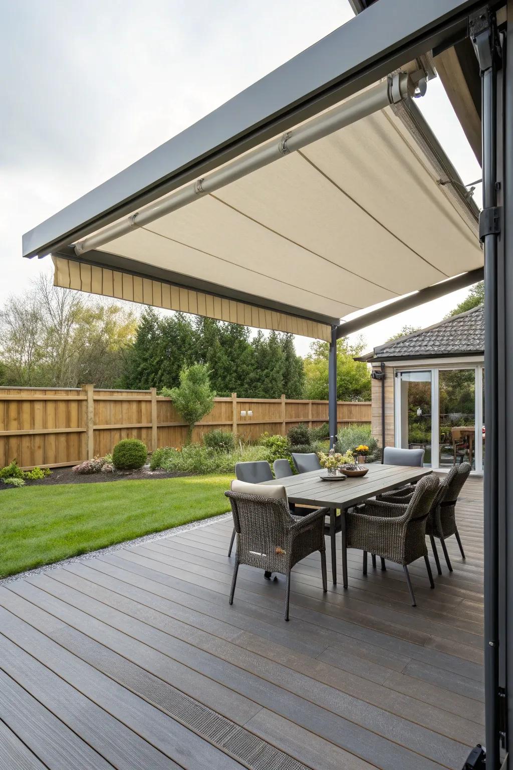 Roll-away sun shields provide adaptable shade and elevate your open-air eating experience.