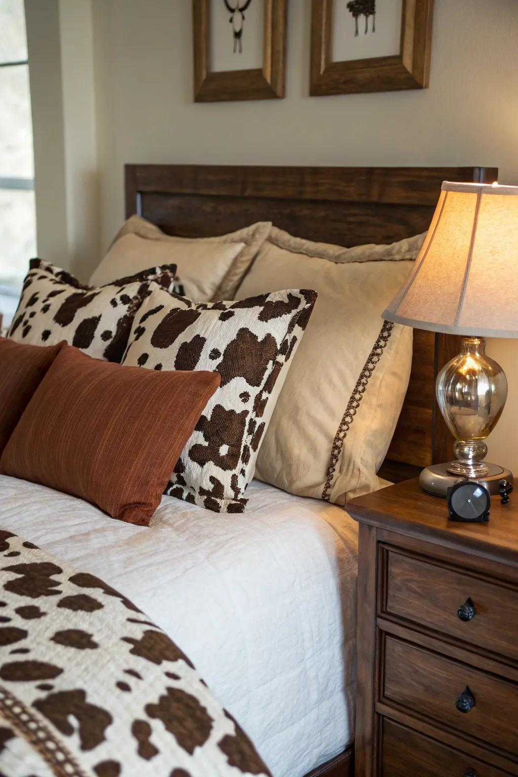 Bovine-inspired cushions provide a fashionable embellishment to any bedroom arrangement.