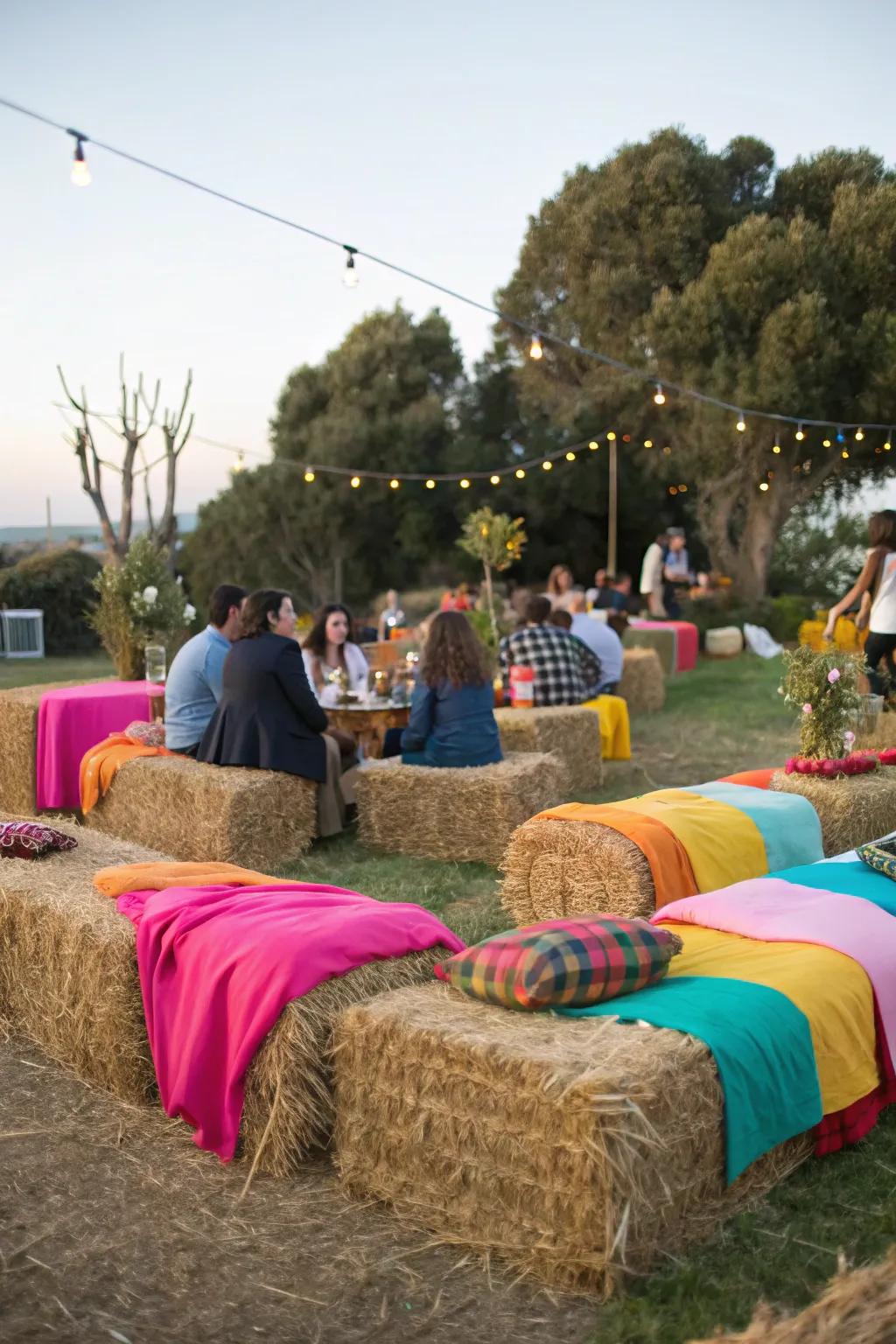 Straw bales provide countryside seating with a dash of color for a comfortable gathering.