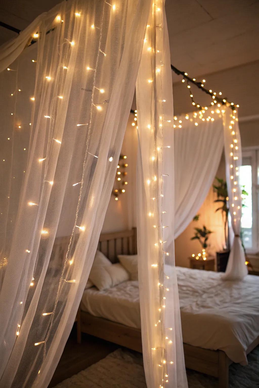 Sparkle strands combined with airy fabrics in a bedroom.