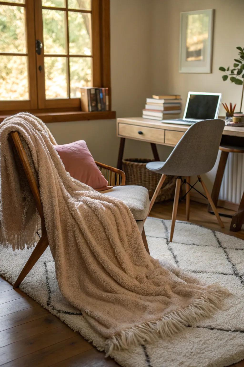 Sumptuous textiles contribute warmth and ease to your workspace.