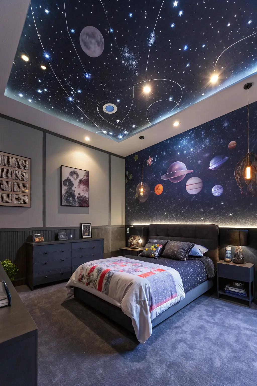 A cosmic-themed bedroom boasting a starry ceiling and astral decorations.