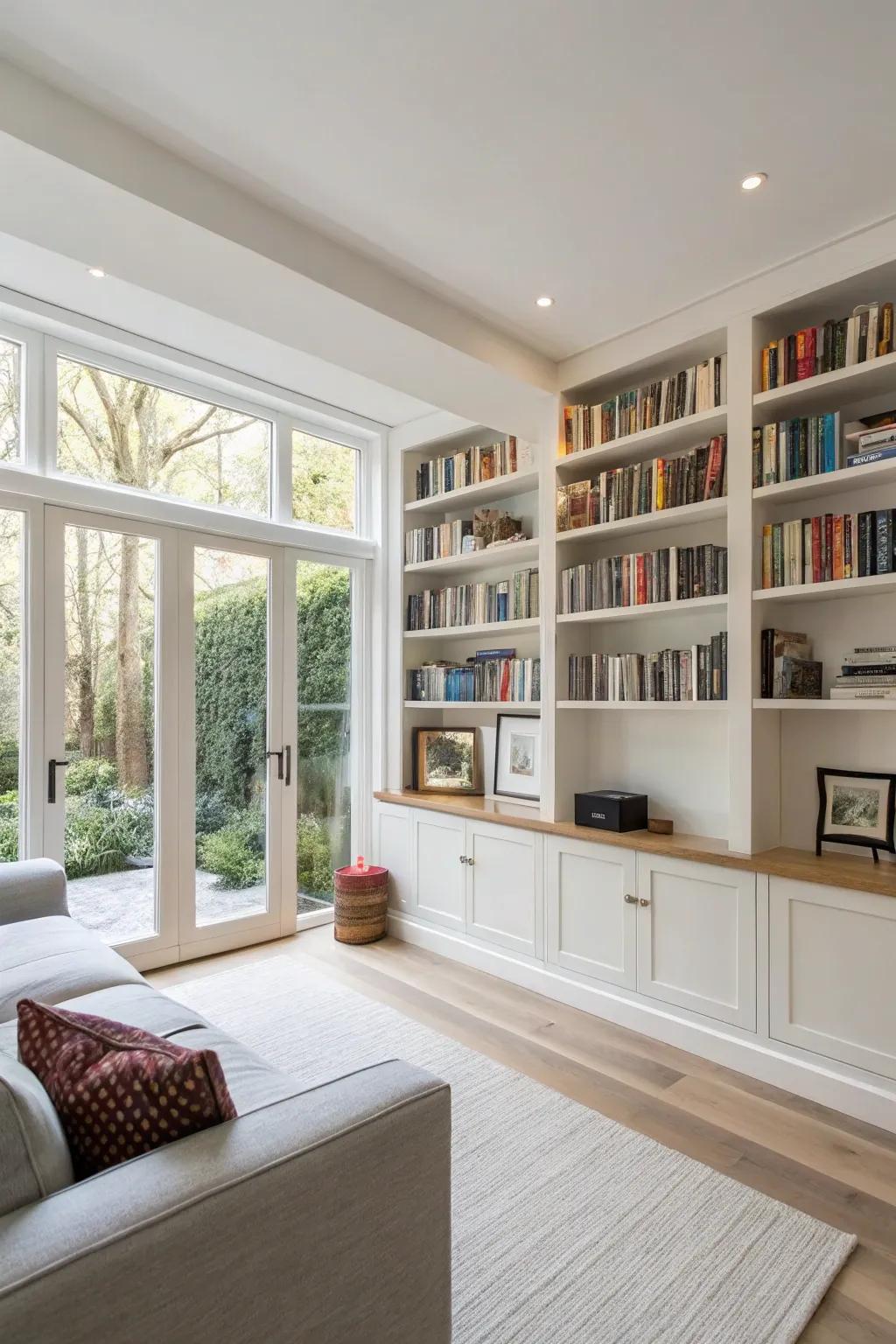 Built-in bookcases provide a streamlined and sophisticated feel.