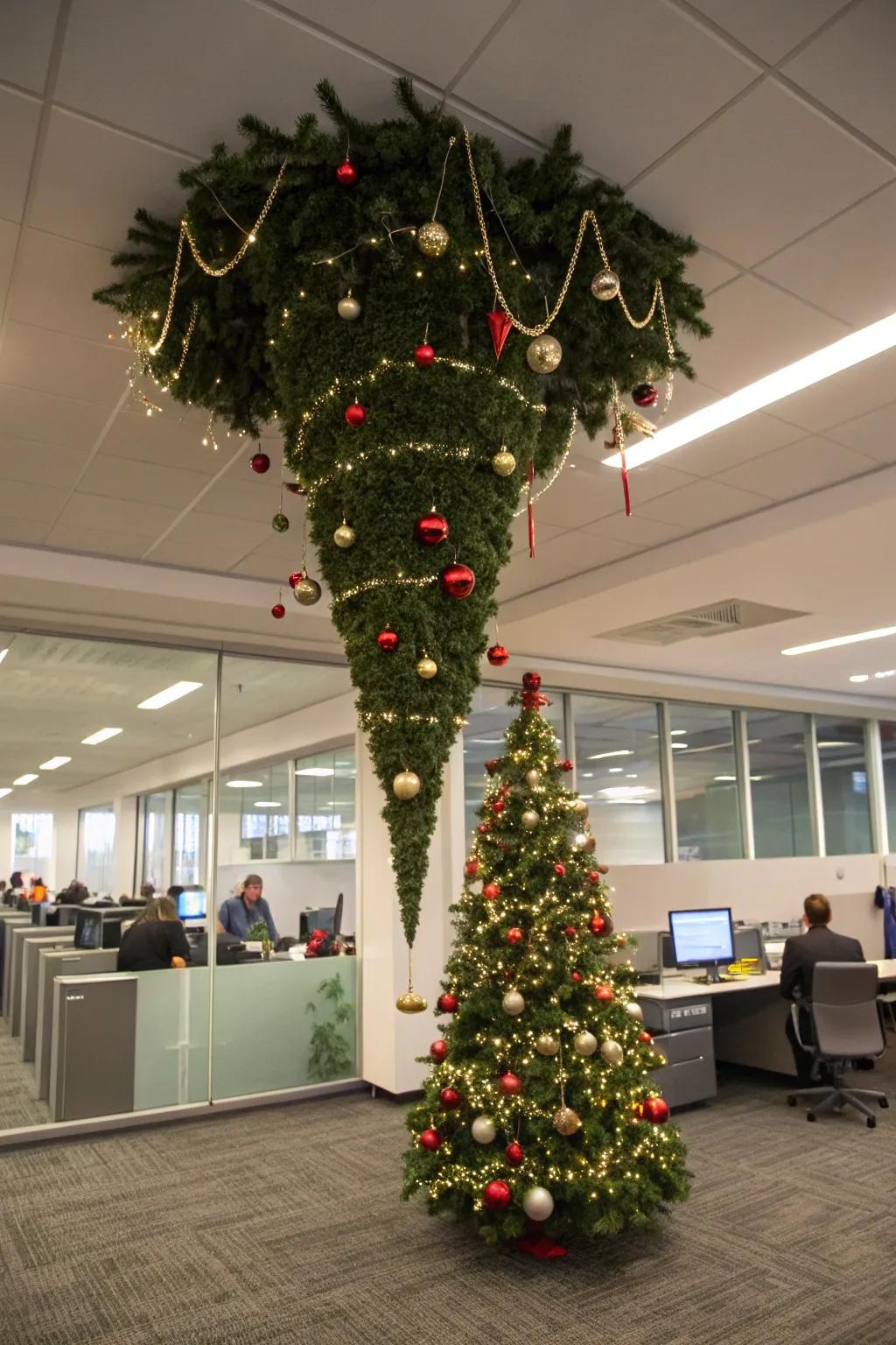An inverted celebration tree incorporates a distinctive modification to the office design.