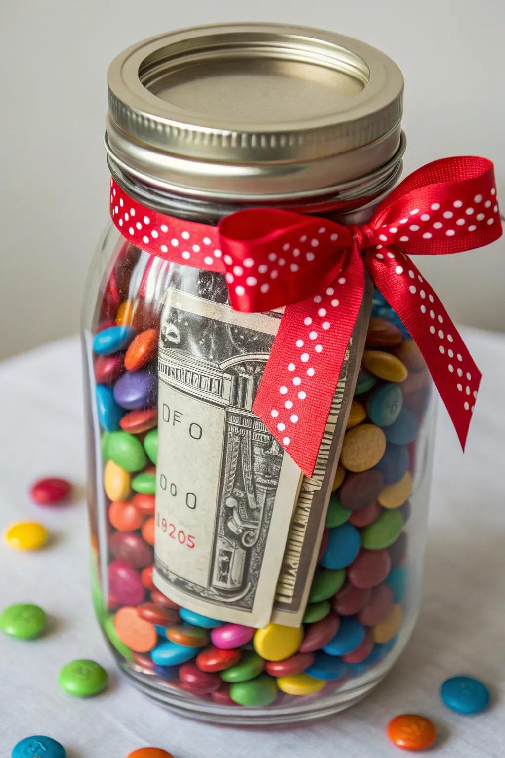 A confectionery vessel shields a monetary surprise.