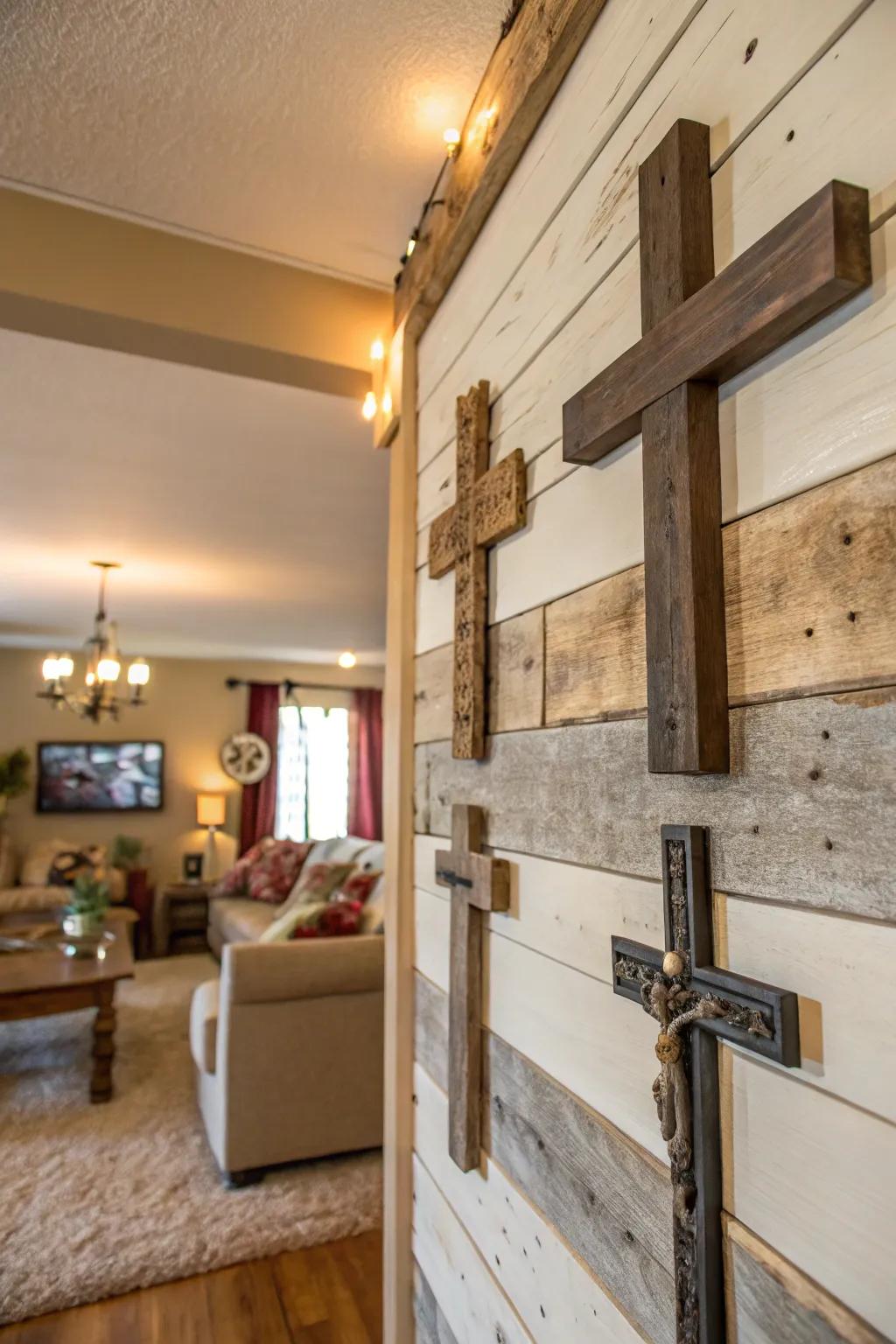Countryside interior art presenting timbered and forged ornamental crucifixes.