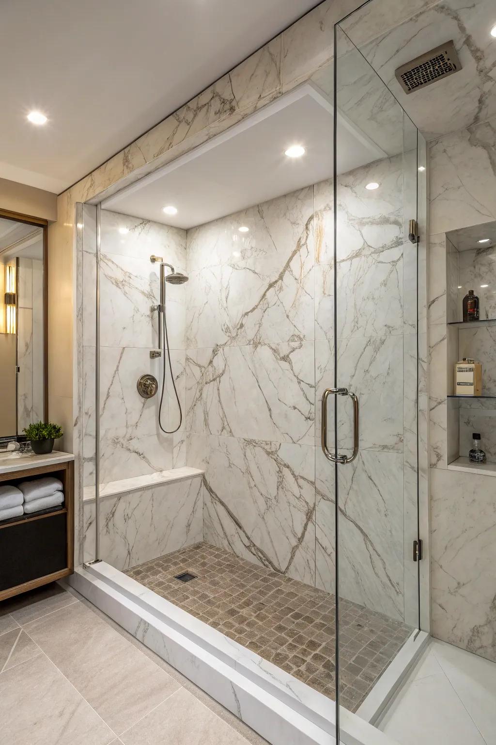 Distinctive vein designs bring an individual element to refined marble alternative showers.