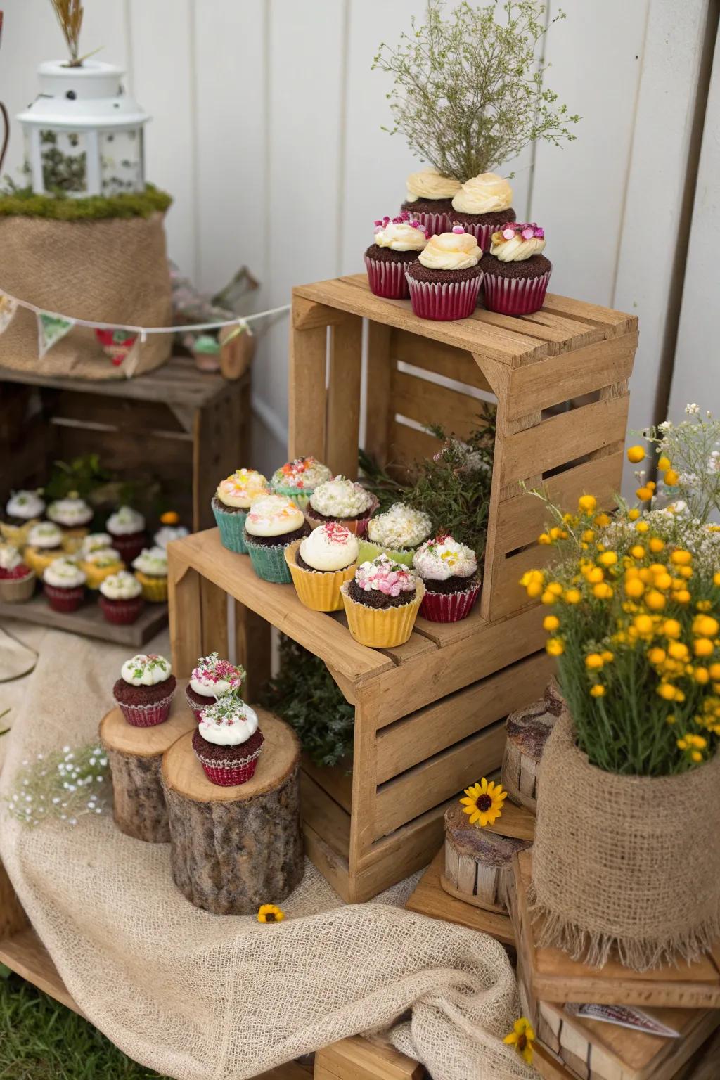 Country-style charm with cupcakes arranged on wooden boxes.