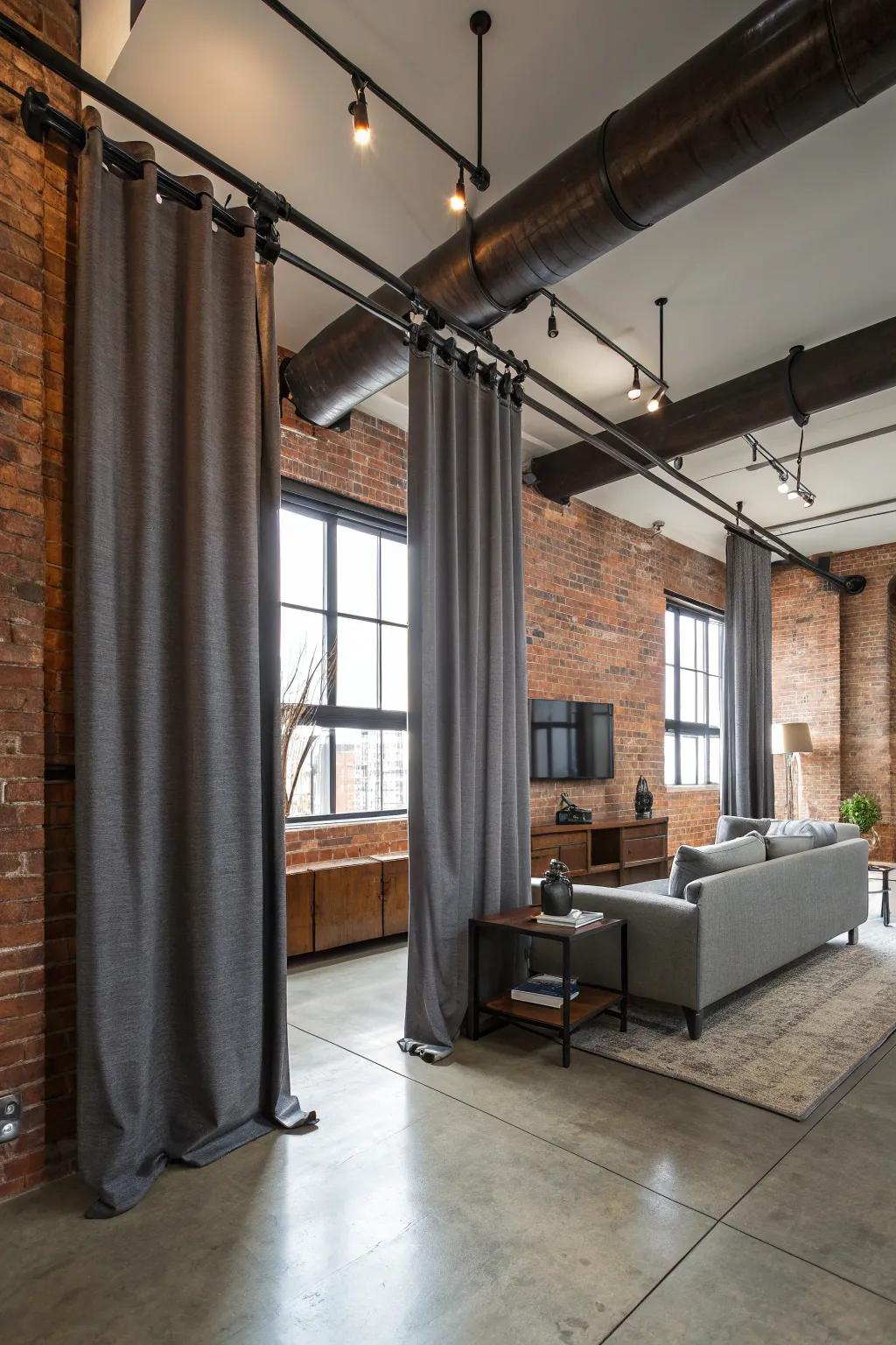 Metal tubes as curtain rods generate a striking urban edge aesthetic.