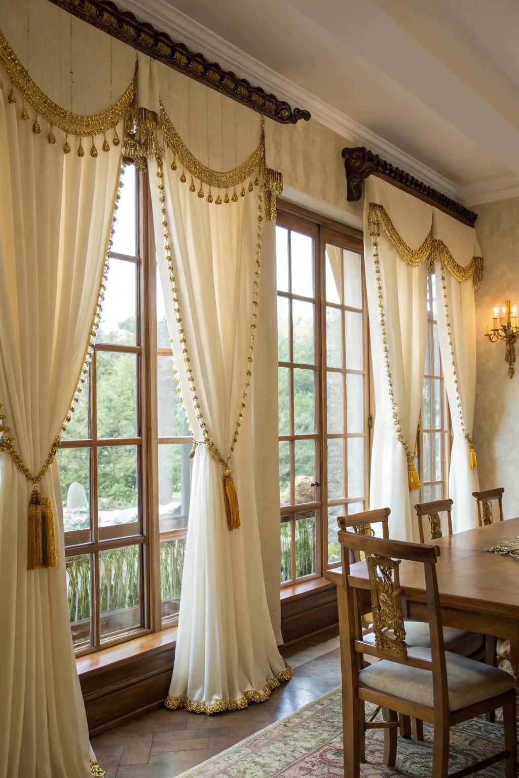 Dining area curtains enhanced with sophisticated gold tassel trimmings.