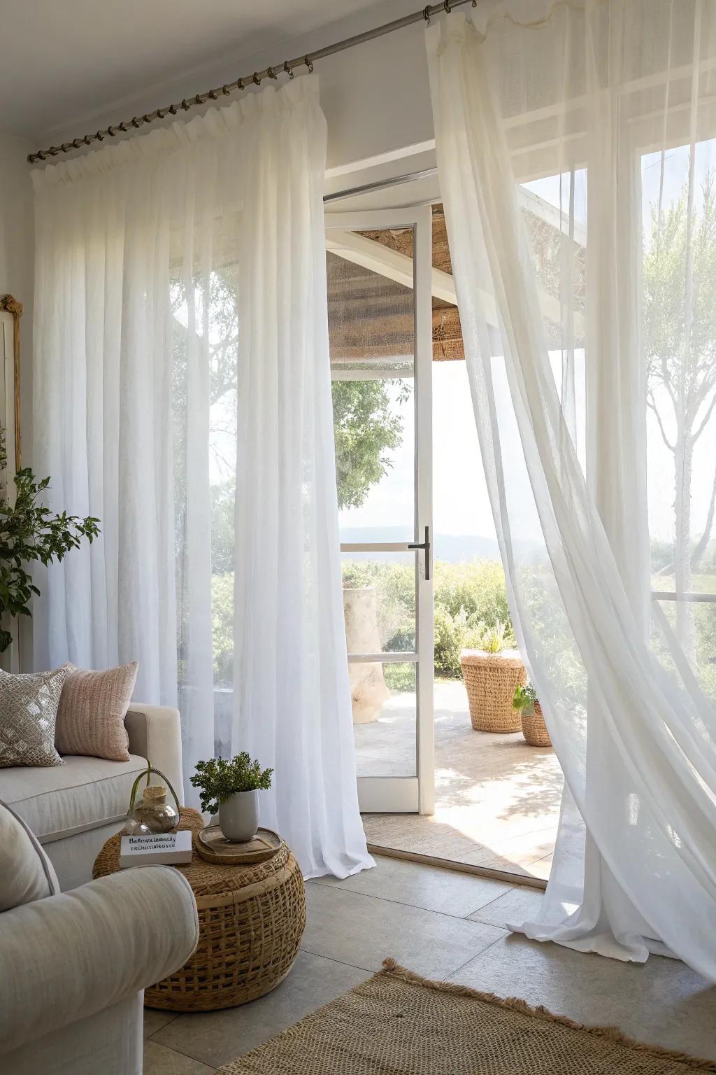 Transparent curtains craft a bright and breezy lounge.