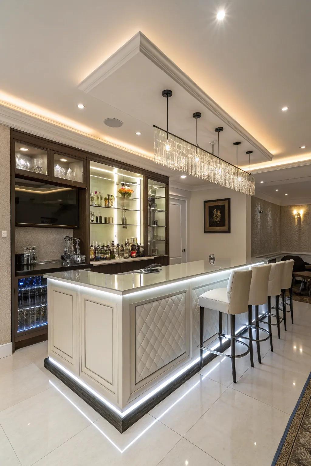 A streamlined and modern bar featuring minimalist design and built-in lights.