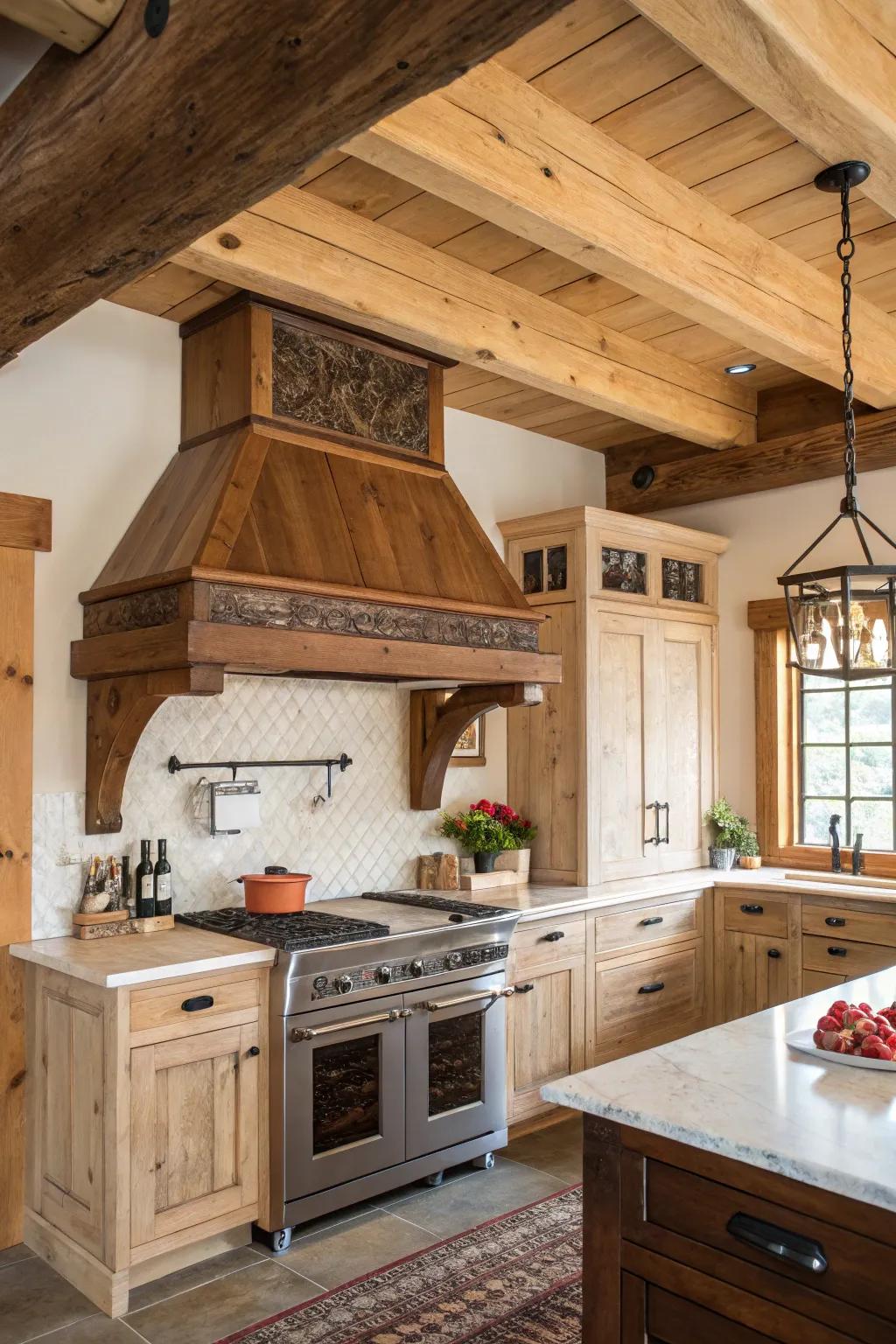 Lumber fume hoods bring country-style charm and warmth to kitchens.
