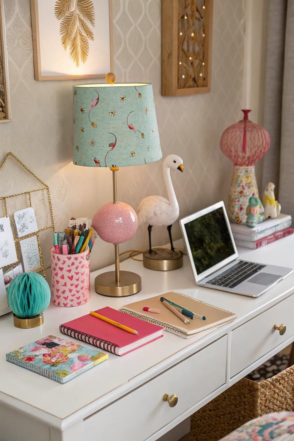 A desk adorned with fanciful decor items, creating a playful setting.
