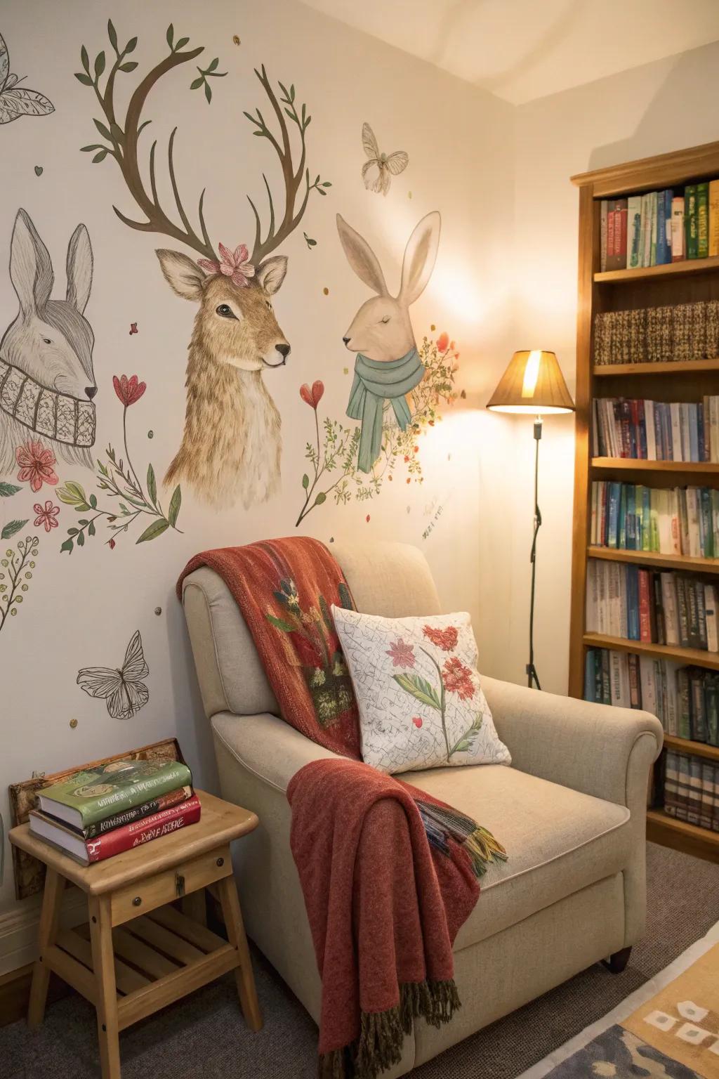 Magical forest beings create a dreamy reading space.