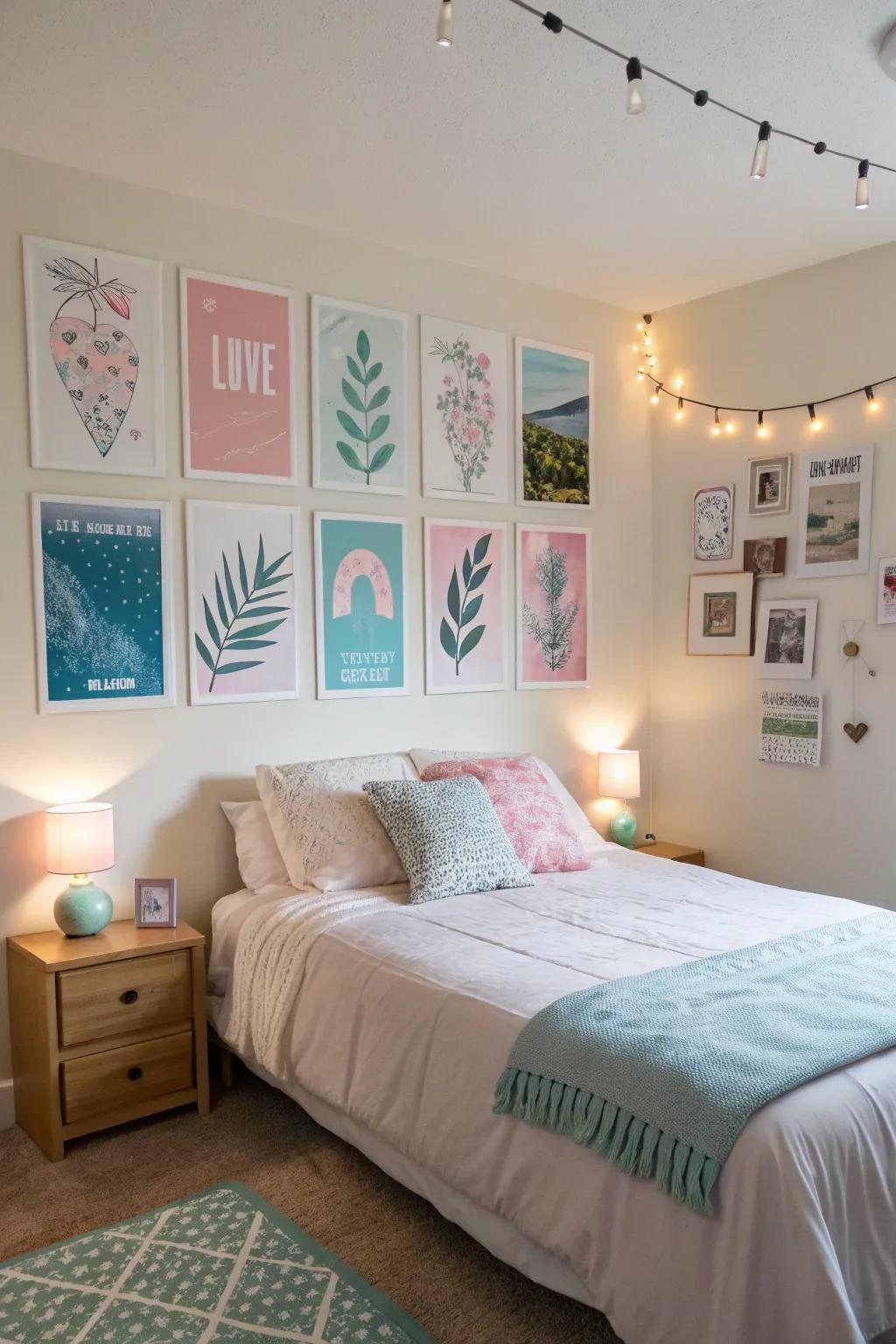 Pastel-toned posters infusing tranquility into a bedroom.