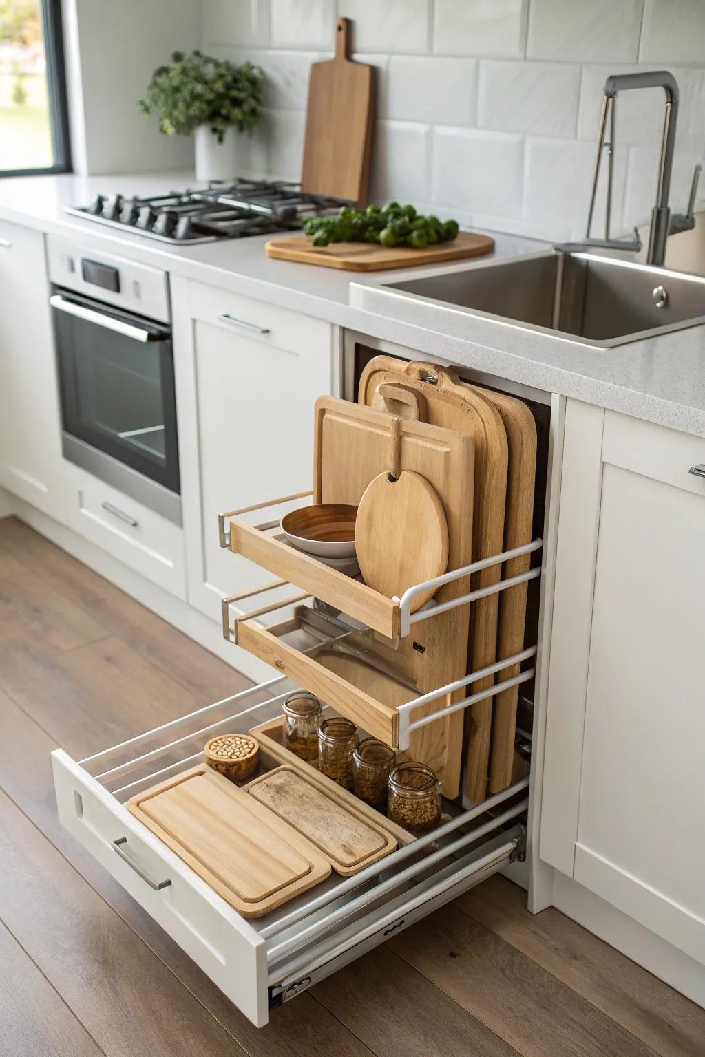 Slide-out shelf using chopping surfaces arranged with efficiency.