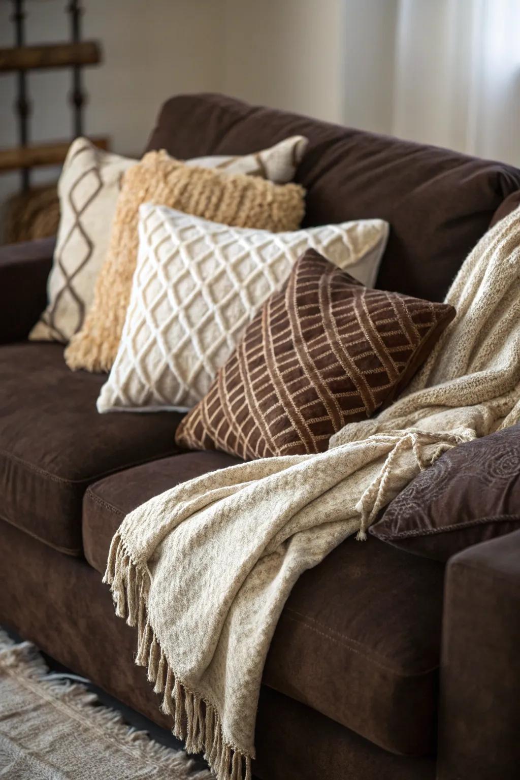 Textured touches amplify the richness of a deep chocolate couch.