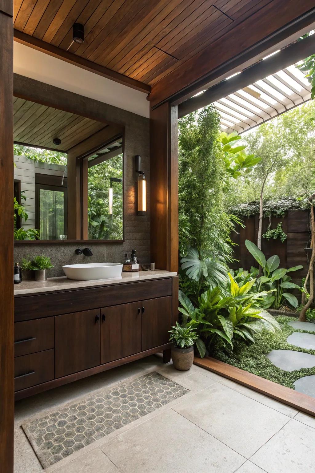 Forest-inspired elements infuse warmth into a bathroom featuring a deep cocoa dressing table.