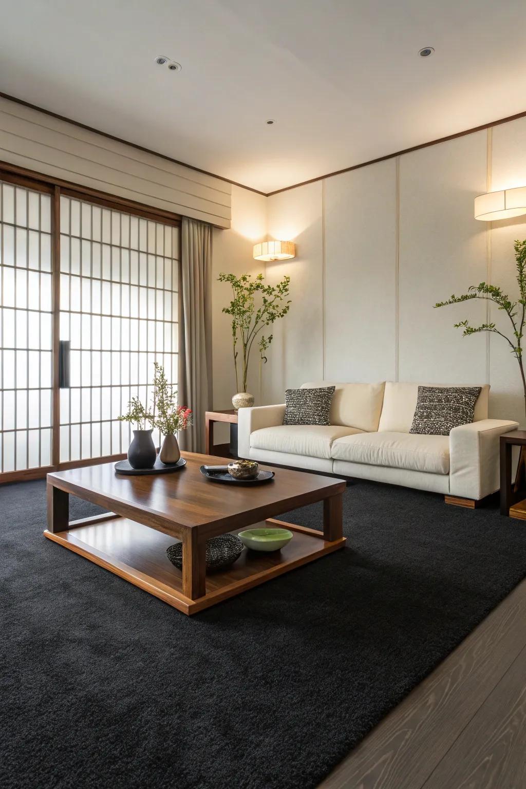 Simple design showcasing a dark-toned floor covering as a main attraction.