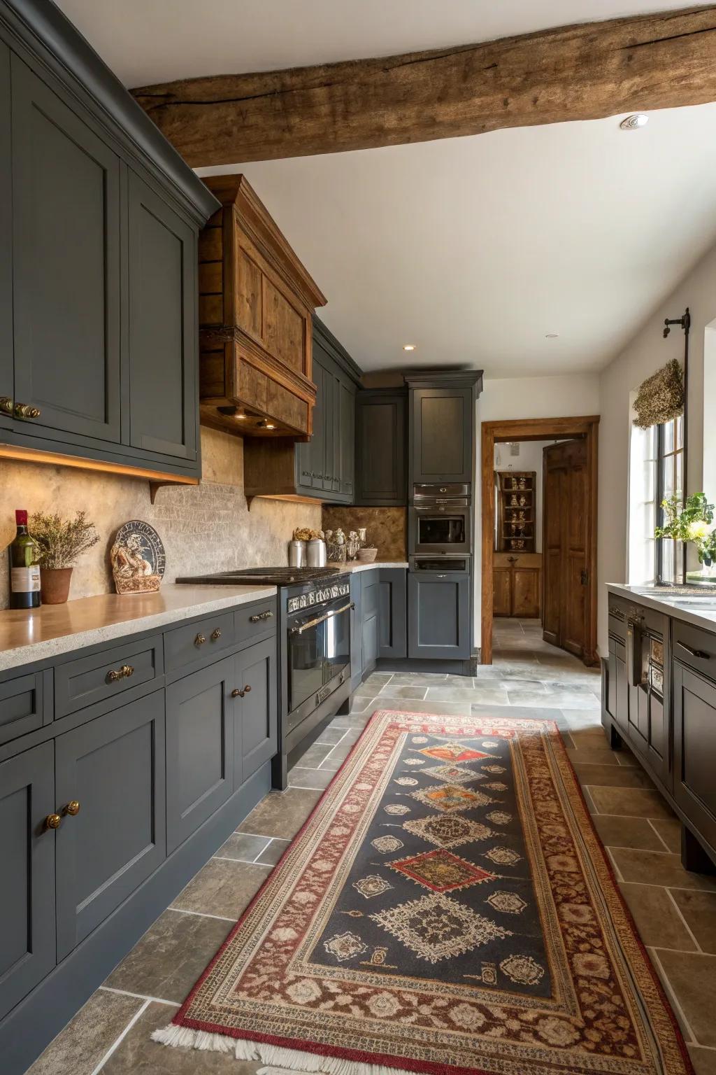Customary kitchen highlighted by profound shadow-toned units and exemplary wood components.