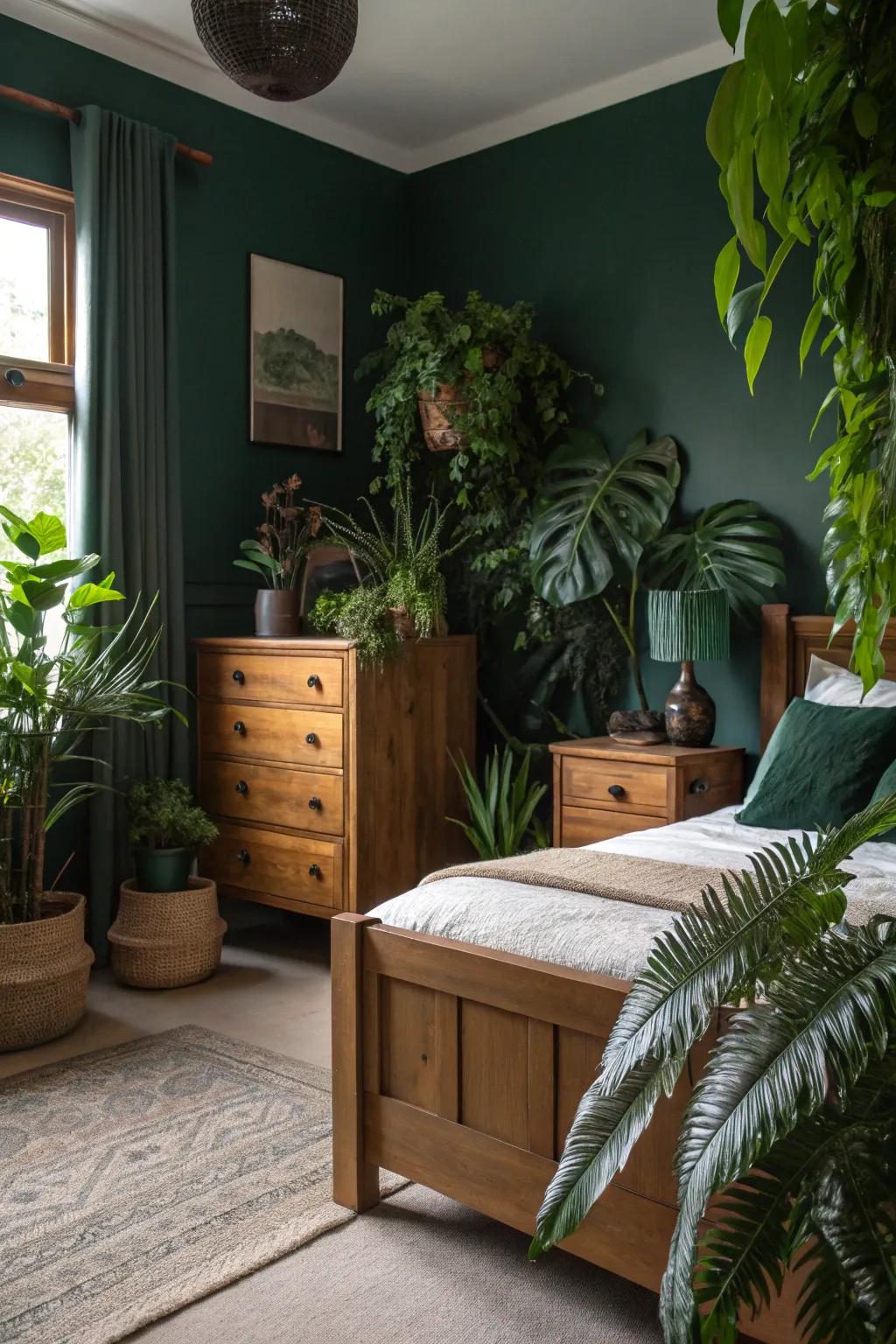 A shaded-green bedroom enhanced by wood-crafted fixtures and flourishing indoor flora.