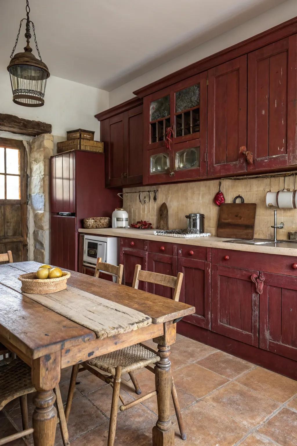 Countryside culinary space spotlighting tinted ruby fixtures and lumber highlights.