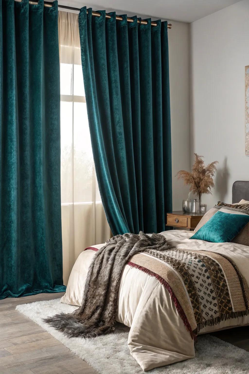 Fabrics contribute a lavish stratum of comfort to a deep teal room.