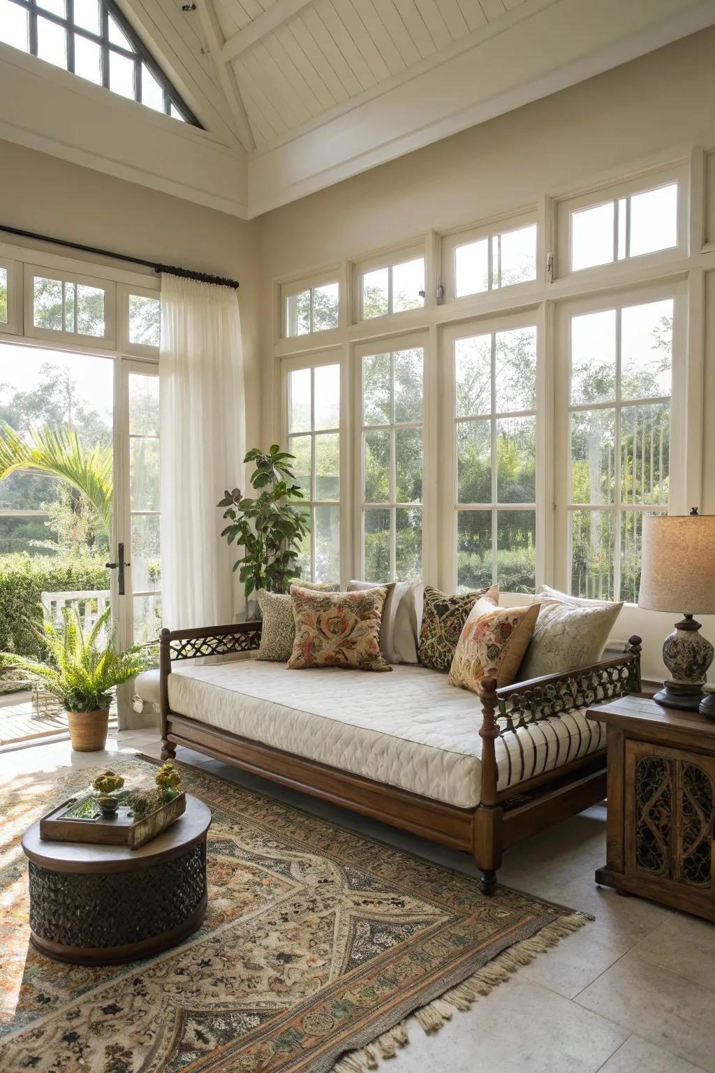 A centrally situated daybed radically alters the ambiance of the space.