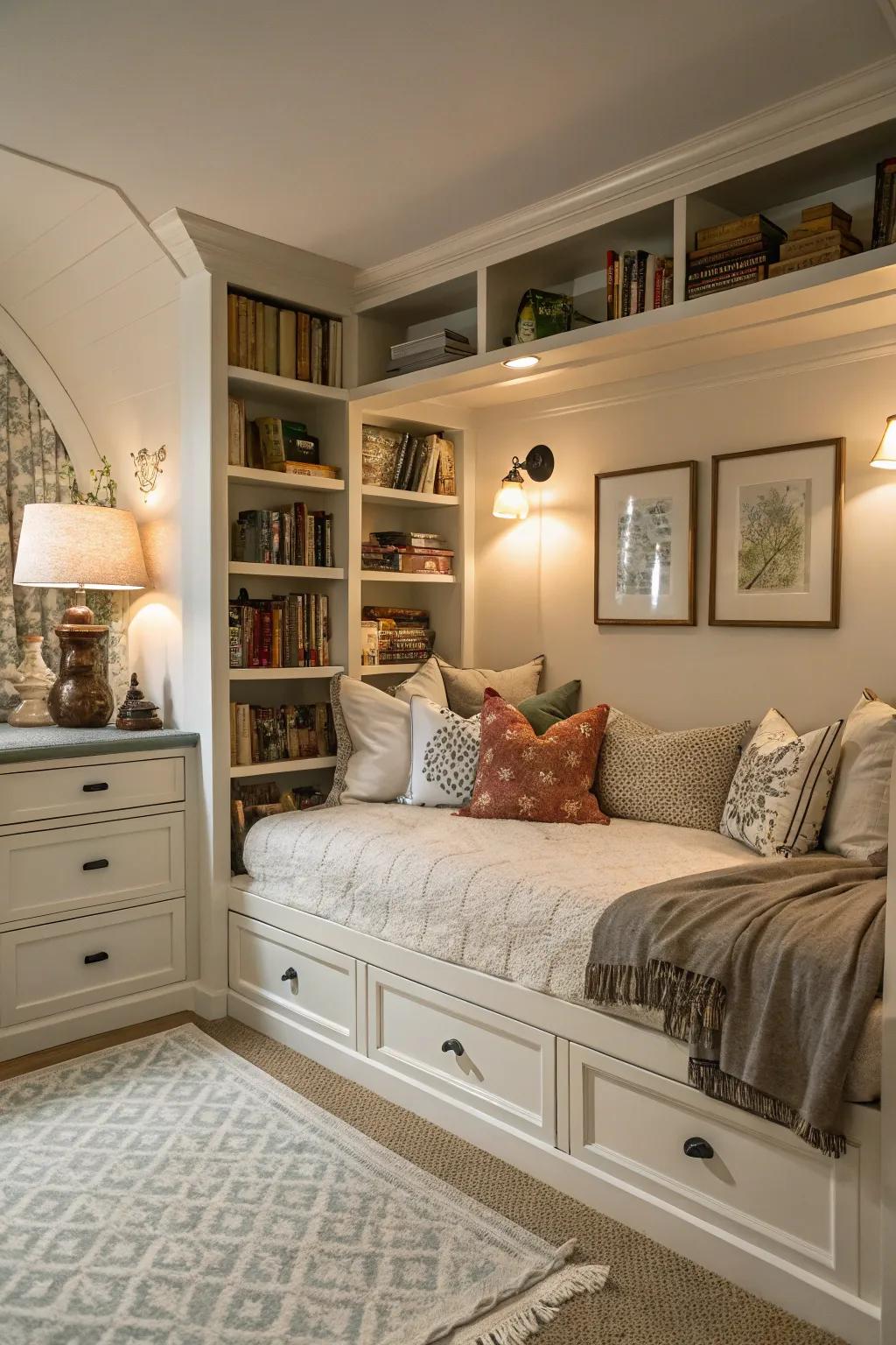 Built-in shelving offers storage and style that complements your daybed setup.