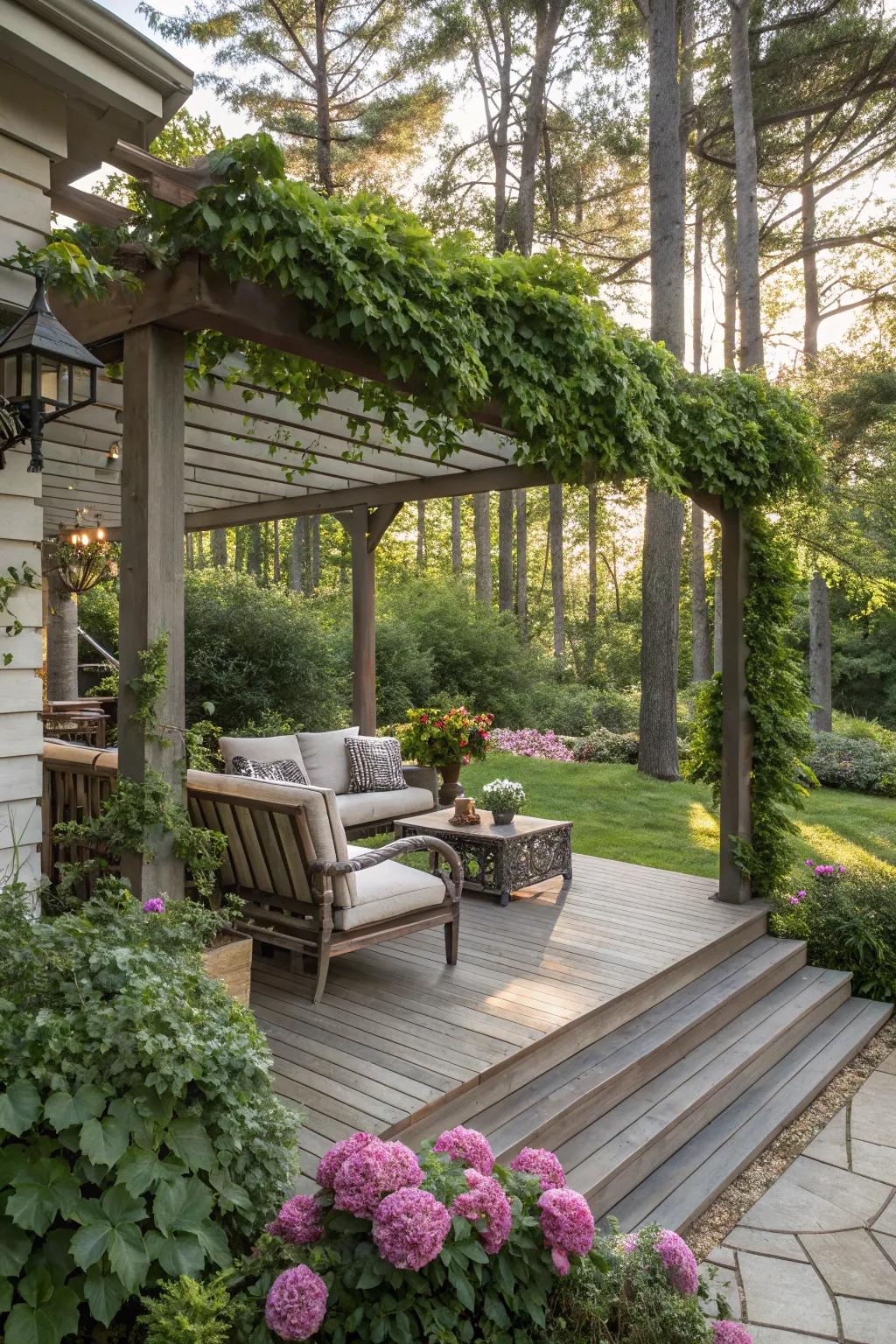 A pergola enriches the essence and functionality of any deck augmentation.