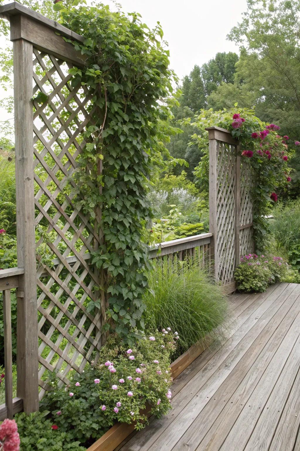 Lattice panels adorned with lush climbing plants.