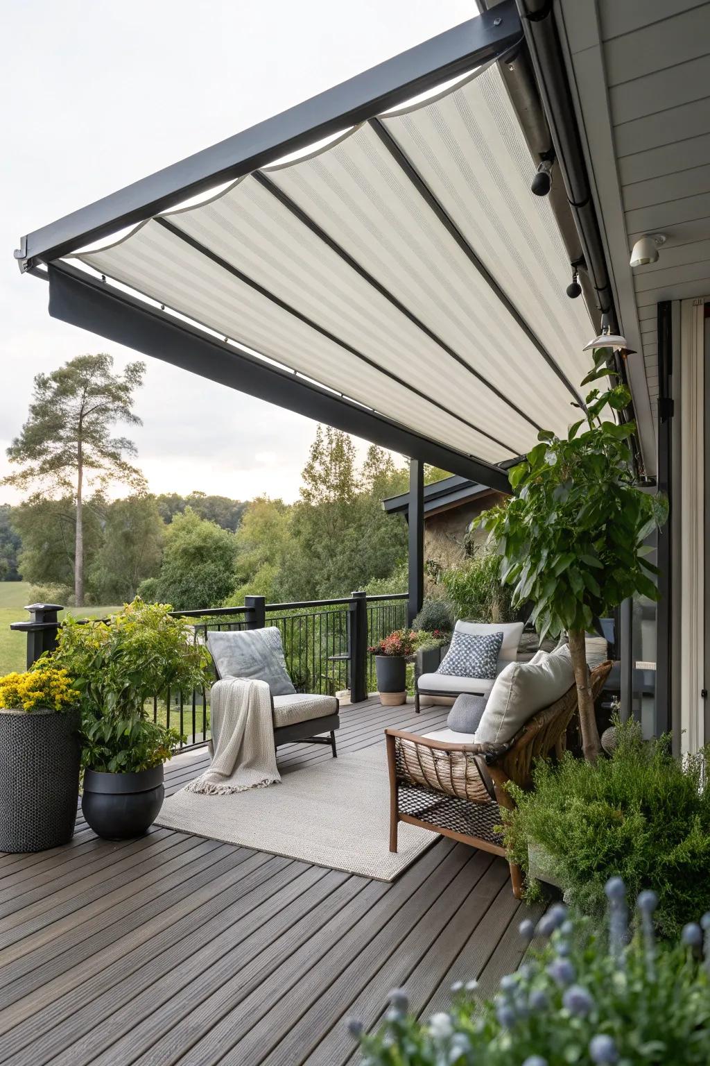 Retractable awnings provide flexible shade solutions for all occasions.