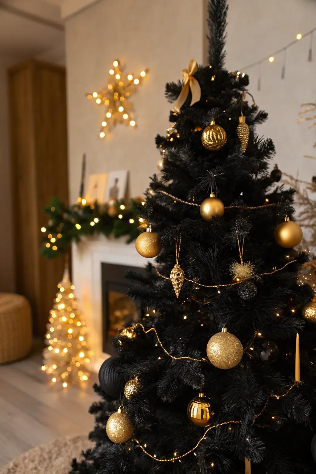 An ebony fir amplified with gilded decorations for a luxurious presentation.