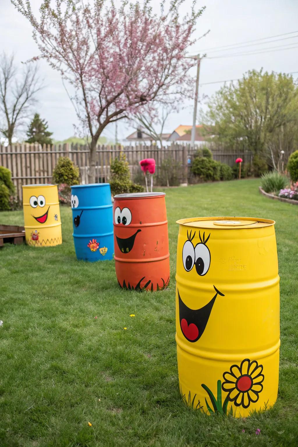 Barrels creatively painted as playful, whimsical figures