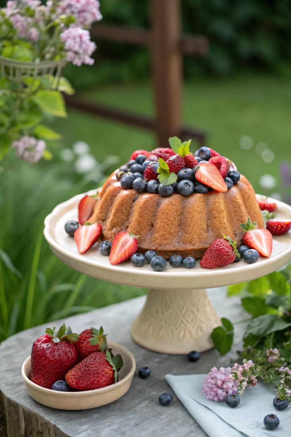 A ring cake adorned with garden-fresh strawberries and blueberries.