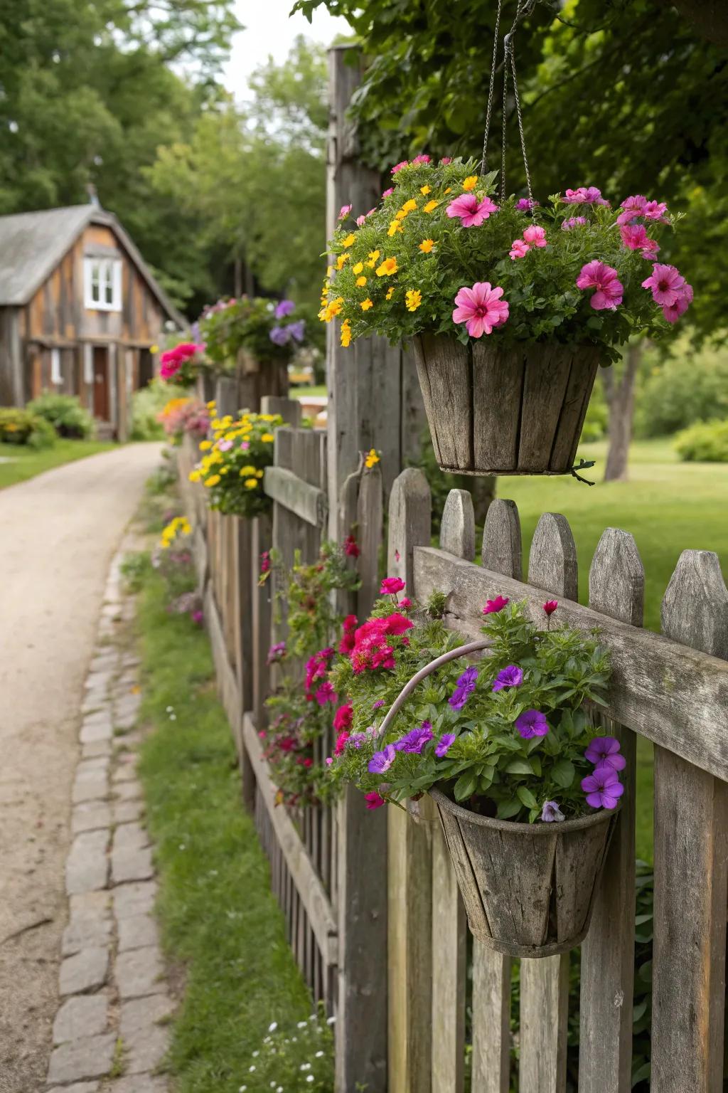 Hanging gardens infuse a revitalizing burst of color and vitality into any fence.