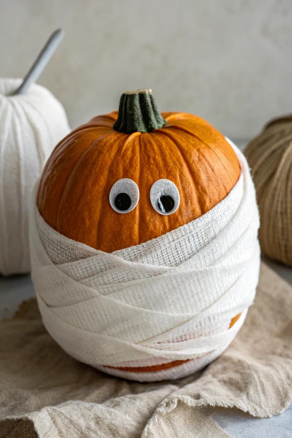 Turn your pumpkin into a mummy for a lighthearted yet spooky embellishment.