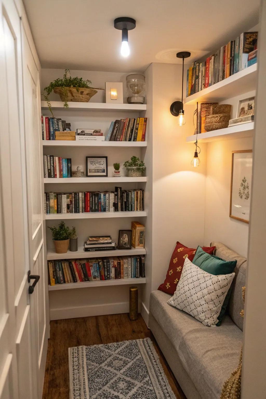 Employ wall area with high shelving.